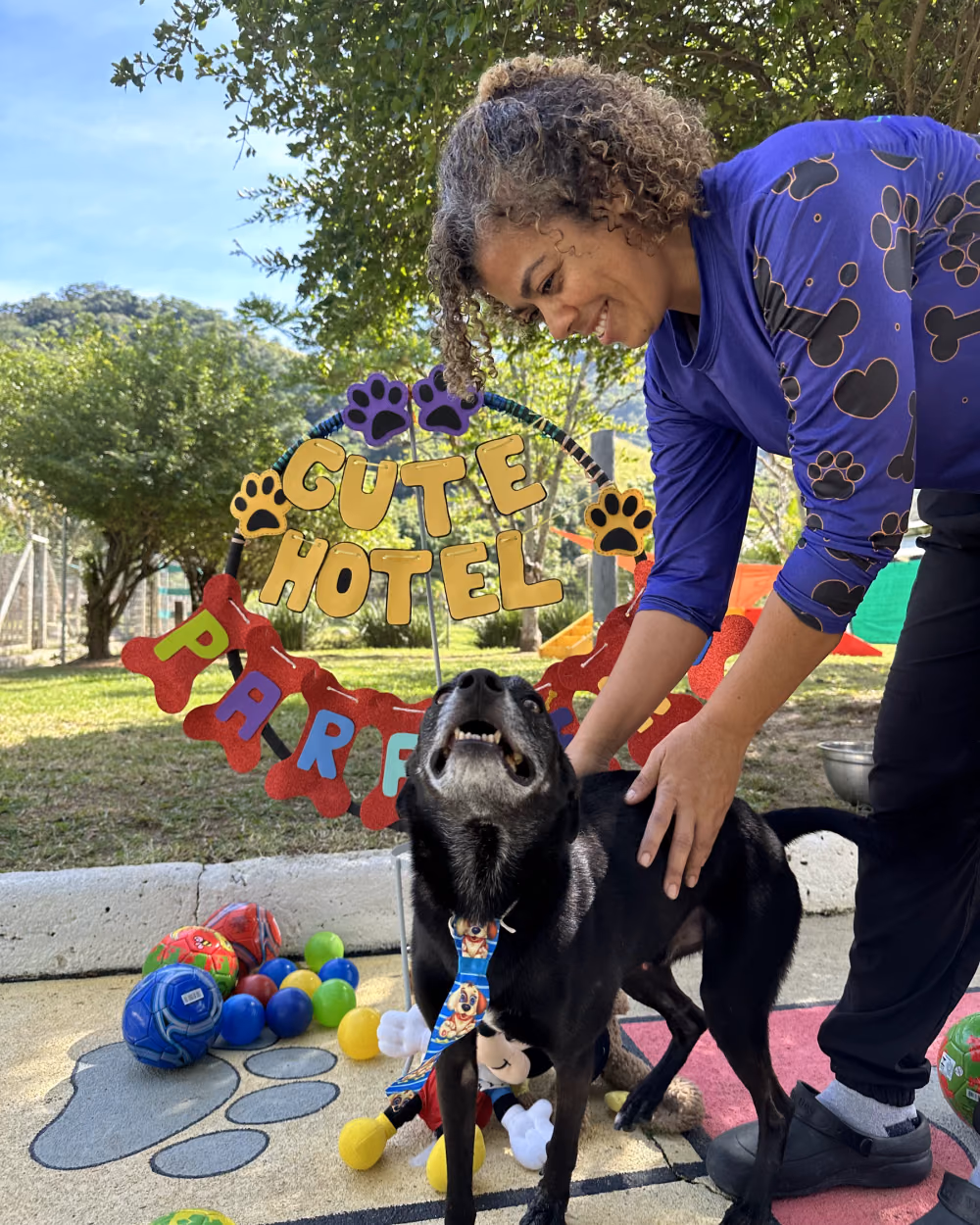Funcionária com um cão e brinquedos no Gute Hotel e Escola para Cães
