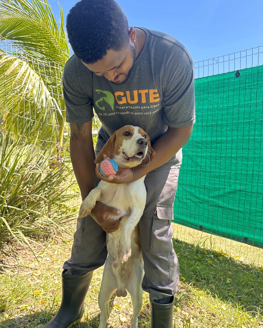 Funcionário abraçando um cão no Gute Hotel e Escola para Cães